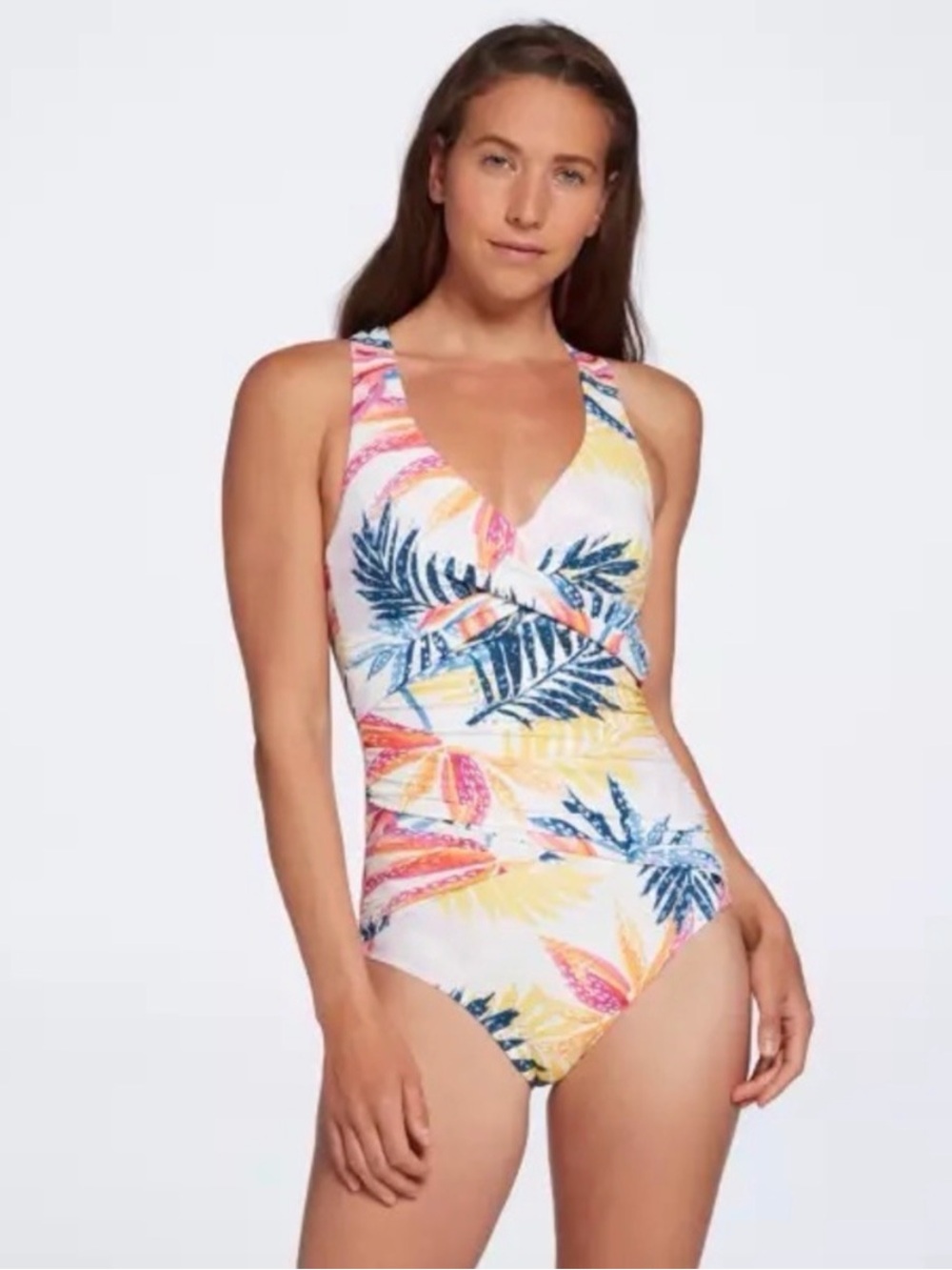New CALIA Sculpt Wrapped One-Piece Swimsuit Watercolor Palms Size 8